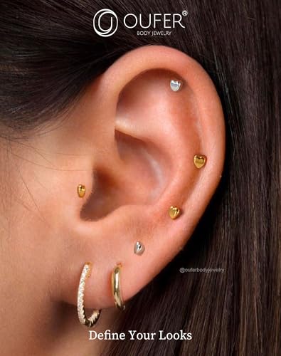 OUFER G23 Titanium Threadless Labret Studs – Flat Back Push Pin Earrings for Tragus, Helix, Monroe, Conch, Lip Piercing – 16G/18G, 6MM/8MM - color: Silver-Heart, size: 16g 6mm
