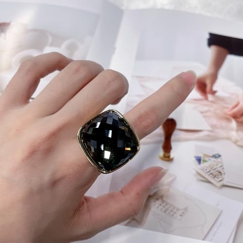 Chunky Square Crystal Glass Stainless Steel Statement Ring for Women Men Gold-Tone Plated Exaggerated Large Geometric Green Cubic Zirconia Finger Band Knuckle Rings Cocktail Prom Fashion Jewelry - color: Gery