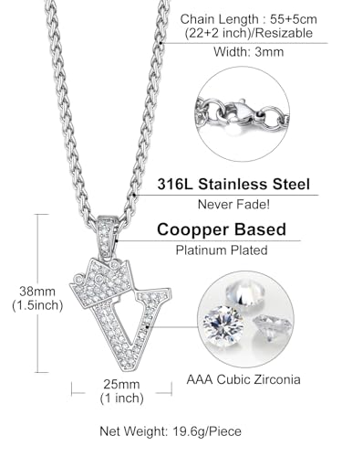 Richsteel Silver Crown Initial A-Z Letter Pendant Necklace for Men Women | Cubic Zirconia Monogram, 316L Steel Chain, 22" + 2" Extender,Hypoallergenic,Gift Box, Hip Hop Jewelry - style: V