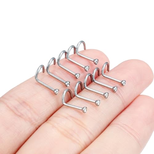 Hoeudjo Nose Studs Surgical Steel Cubic Zirconia Nose Rings Kit for Women Men Tiny Nose Stud Bone & Screw & L Shaped Nostril Piercing Jewelry 18/20/22/24 Gauge 10 Pieces - color: silver-tone,screw nose studs, size: 20g/2mm clear CZ