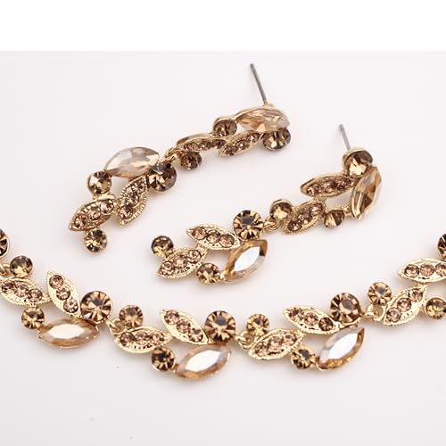 QLLYHLH Woman’s Brides Bridesmaid Leaf Choker Necklace Dangle Earrings Link Bracelet Austrian Crystal Wedding Jewelry Set Prom Costume Party Events | Brides, Bridesmaid, Prom, Events, Costume Party, Leaf - color: Champagne-Gold Plated