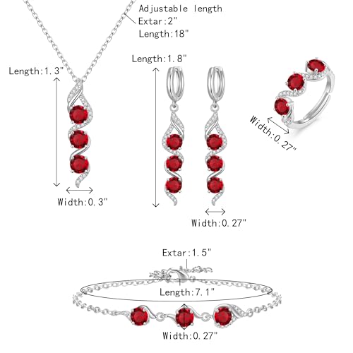 Crysdue Wedding Bridal Teardrop CZ Pendant Necklace Open Ring Dangle Earrings Adjustable Slider Bracelet Jewelry Set, Birthday Mothers Day Christmas Jewellery Gift for Women/Mom/Wife - style: 04-4pcs-Ruby CZ