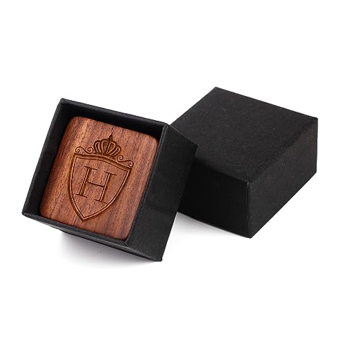 Mens Initial Silver Cufflinks A-Z Alphabet Letter Steel Cuff Links with Engraved Walnut Wood Box Groom Groomsman Wedding Set… - style: H