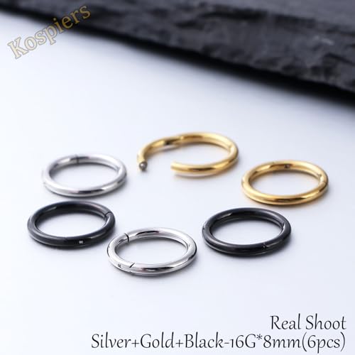 Nose Rings 20G 18G 16G 316L Surgical Steel Hinged Clicker Segment Nose Hoop Helix Cartilage Daith Tragus Sleeper Earrings Body Lip Piercing Jewelry for Women Men 6mm 7mm 8mm 10mm 12mm - style: 18:Silver+Gold+Black-16G*8mm(6pcs)