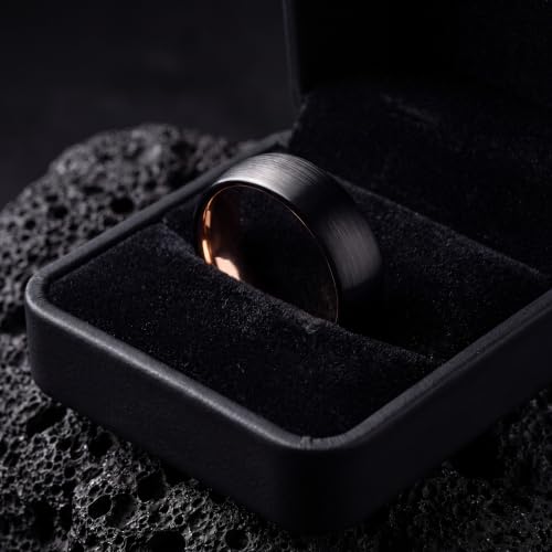 Tungsten Wedding Band Ring 10mm 8mm 6mm 4mm for Men Women 18k Rose Gold Plated Dome Black Grey Brushed Polished - color: 3 Rose Gold Black Tungsten