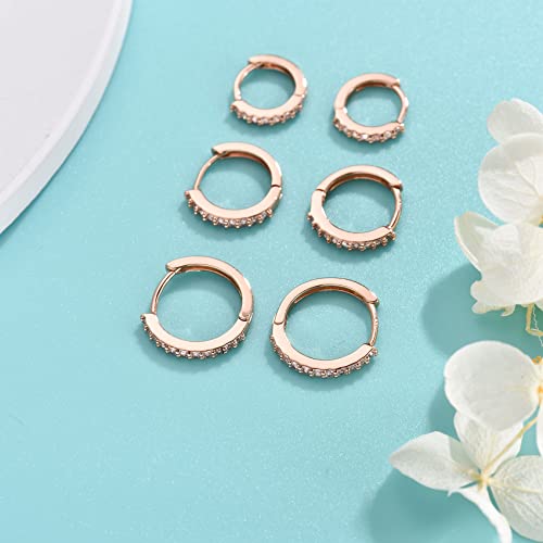 Silver Hoop Earrings for Women, 3 Pairs Small Sterling Silver Huggie Earrings | Tiny Cubic Zirconia Cartilage Cuff Earrings Hoop Piercing Jewellery for Men Teens (8mm/10mm/12mm) - color: 3 Pairs(8/10/12mm)-Rose gold