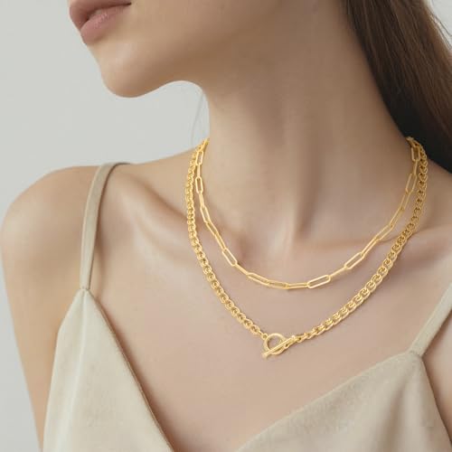 Layered Necklaces for Women 14k Gold Plated Chain Necklace Trendy Dainty Toggle Clasp Chunky Cuban Link Paperclip Chain Jewelry Gift - style: Style 4:Paperclip+Toggle