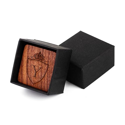 Mens Initial Silver Cufflinks A-Z Alphabet Letter Steel Cuff Links with Engraved Walnut Wood Box Groom Groomsman Wedding Set… - style: Y
