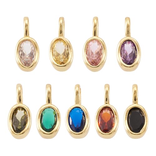 Beadthoven 9Pcs Oval Cubic Zirconia Charms Gold Plated Brass Rhinestone Charms Rice Shaped Micro Pave CZ Gem Stones Crystal Pendant Dangle Beads for Jewelry Making Necklace Earrings Bracelet DIY Craft - color: Oval Mix