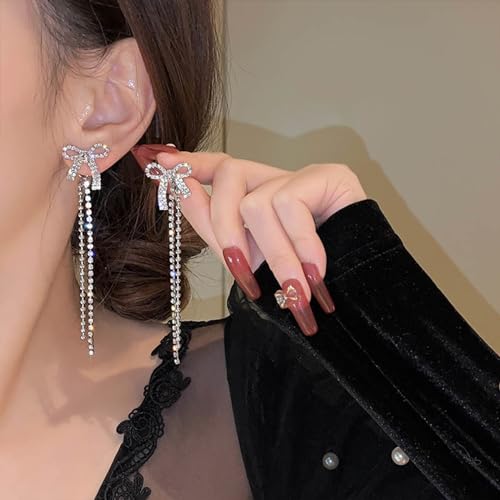 Luxval Rhinestone Earrings Dangling for Women Sparkly Silver Dangle Earrings Girls Long Chandelier Earrings Tassel Lightweight Ear Studs Cubic Zirconia Crystal Statement - color: Silver-Dangle Bow