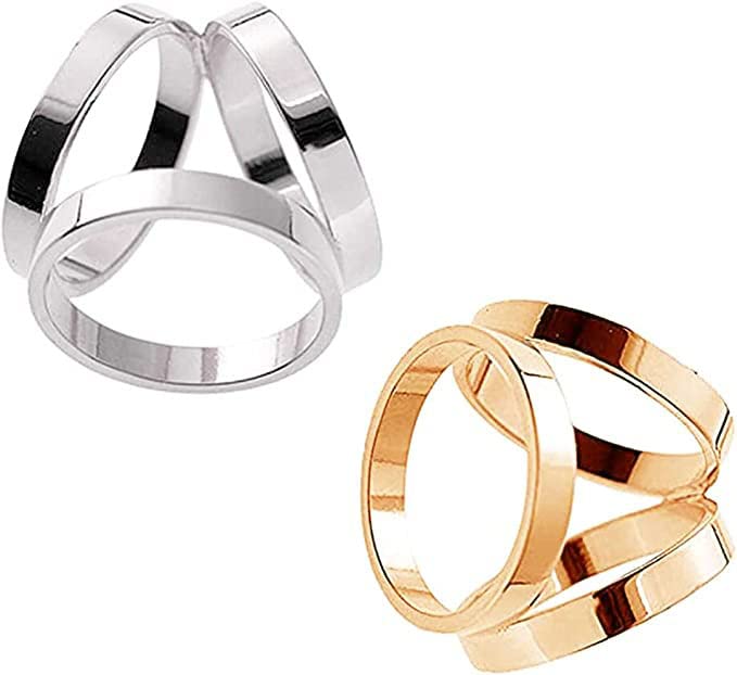 2-Pack: Gold Tone + Silver Tone Metal Trio Herme Style Minimalist Contemporary 3-Ring Scarf Ring Clip