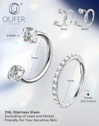 OUFER 2PCS Nose Rings Hoops, 20g Double Gem Horseshoe Threadless Nose Rings for Women, Septum Clicker Daith Tragus Helix Rook Eyebrow Lip Piercing Jewelry - color: Silver