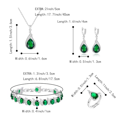 Jewelry Set for Bride, Sparkling Water Drop Cubic Zirconia Crystal Pendant Necklace Leverback Earrings Tennis Bracelet Adjustable Ring Gift for Wedding/Birthday/Mother's Day/Christmas - color: 13-Emerald Color