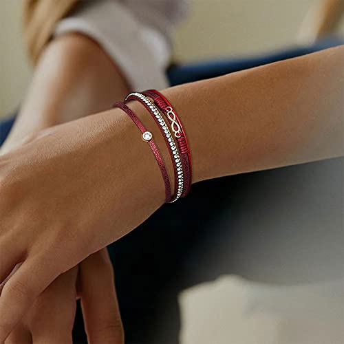 KunBead Infinity Leather Wrap Bracelets for Women Handmade Braided Boho Multi-Layer Bracelet Wristband Cuff Bangle Birthday Jewelry - color: pink