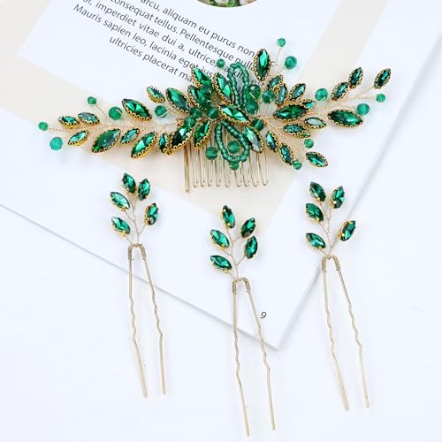 Dizila 7 Pieces Emerald Green Crystal Bead Party Prom Wedding Bridal Vine Leaf Hair Side Combs + Rhinestone U-shaped Hair Pins Headpieces for Brides Bridesmaids Women Girls - color: Emerald Green