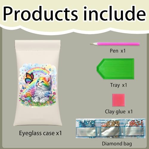 Diamond Art Painting Eye Glass Bag PU Sunglasses Glasses Storage Bag Built-in Glasses Cloth Press Automatic Closure - color: Cat