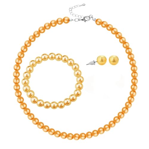 xuzhiyuan 10mm Faux Pearl Jewelry Set for Women, Classic 3-Piece Necklace Bracelet and Earring Set, Hypoallergenic Fashion Jewelry Gift for Mom Wife - color: Yellow