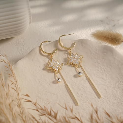 14K Gold Plated CZ Flower Dangle Earrings for Women, Sparkly Cubic Zirconia Long Tassel Drop Earrings, Bridal Wedding Jewelry - color: C:Flower Pearl Earrings