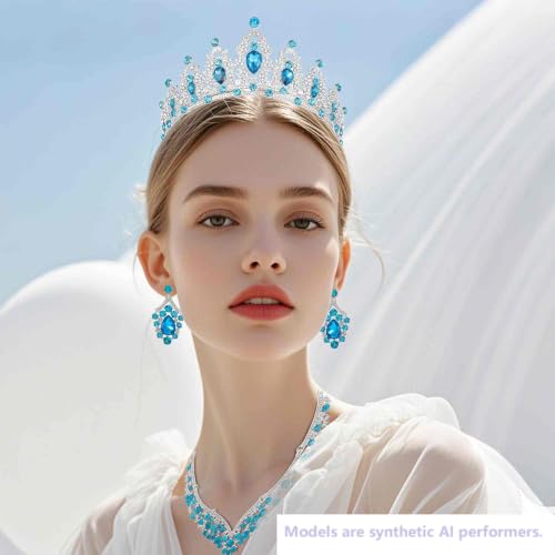 Kamirola Bridal Wedding Tiara Crown Jewelry Set for Women/Brides/Bridesmaids Crystal Jewelry Set for Wedding Prom Party Bridal Crystal Necklace Earrings Bracelet Set(TR60) - color: Silver Skylbue