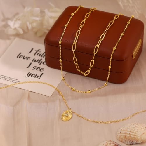 Layered Necklaces for Women, Simple Gold Necklace Stack Dainty 14K Gold Plated CZ Disc Pendant Necklace Set Non Tarnish Gold Jewelry Gifts - color: Gold-Paperclip+Beaded+Sun