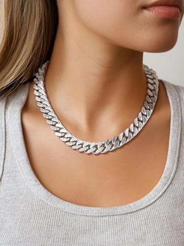 FindChic Cuban Link Chain Necklace for Women Men, Silver/Gold Plated Stainless Steel Solid Miami Curb Chain Hip Hop Punk Statement Jewelry, 5/12/14mm Width, 16/18/20 Inch Length, with Gift Box - color: 05. 14mm-Silver, size: 18inches