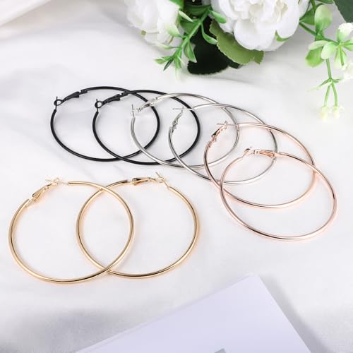 4 Pairs Stainless Steel Big Hoop Earrings for Women Gold Silver Rose Gold Black 2.3 Inch Large Circle Hoop Earrings