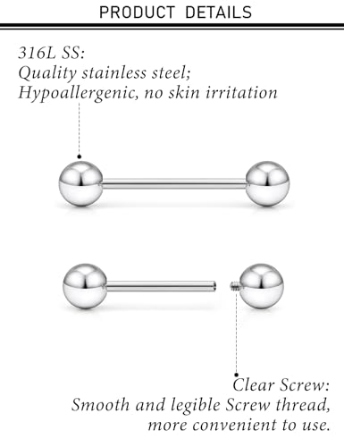 16G 14G 12G Nipple Piercings Tongue Rings Externally/Internally Threaded Hypoallergenic 316L Surgical Steel Nipple Tongue Barbell Piercing Jewelry for Women Men 12mm 14mm 16mm 19mm 22mm - color: 16G/Internally Threaded/12mm-16mm Bars/5mm Balls