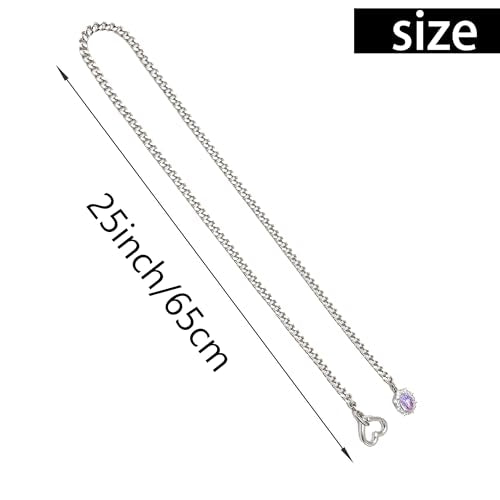 Women's Heart O-Ring Slip Chain Necklace, Double Layered Adjustable 39'' Cuban Chain with Detachable Heart Clasp and Colorful Rhinestone Pendant - color: 25'' Silver-Amethyst Purple