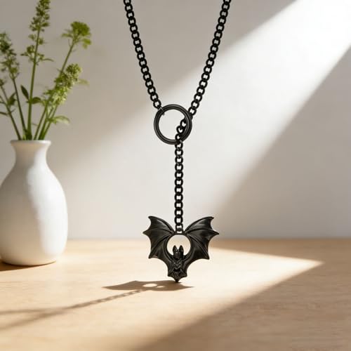 Choker Necklace for Women Gothic Goth Stainless Steel Slip Chain Chunky Long Drop Mens Punk Necklace Jewelry Gift - style: Black Bat