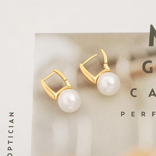 925 Sterling Silver Hoop Handpicked AAA+ Quality 7.5-8mm White Freshwater Cultured Pearl Dangle Drop Earrings Jewelry for Women - color: 8. Gold Plated Barrel