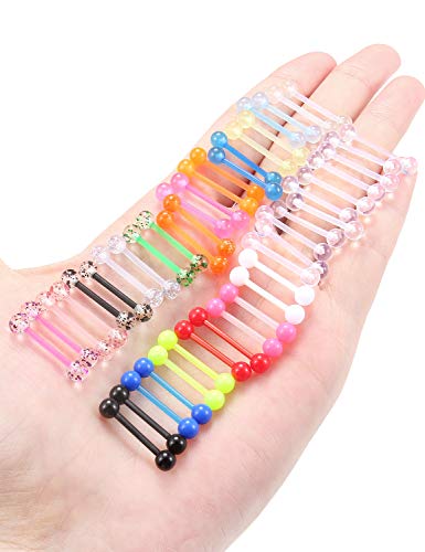 Prjndjw 48Pcs 14G 16mm 14MM Glow in Dark Tongue Nipple Ring Plastic Flexible Acrylic Straight Barbell Body Piercing Jewelry for Women Men Tongue NIppie piercings - color: 14.0 millimetres