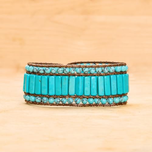 YGLINE Boho Handmade Natural Stone Bead 3 Row Wide Wrap Wrist Statment Bracelet Jewelry Collection - color: new-Turquoise