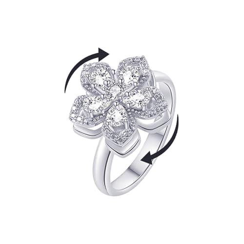 Sunflower Fidget Ring for Women Gold Anxiety Crystal Rings Cubic Zirconia Sunflower Open Adjustable Fidget Ring Spinner Sun Ring for Men Trendy Jewelry - color: Silver White