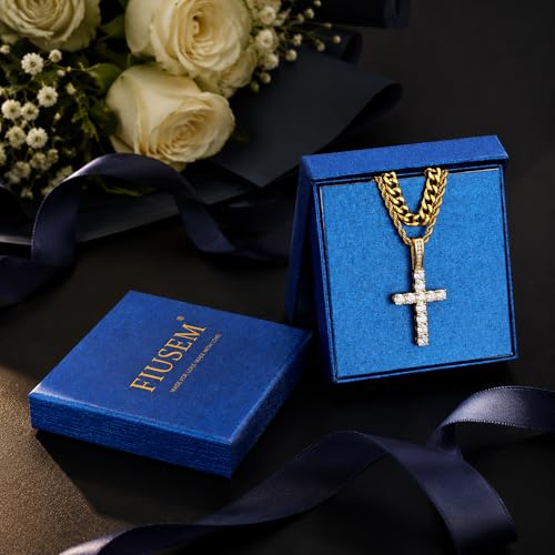 Fiusem Layered Cross Necklace for Men, Stainless Steel Cuban and Rope Chain | Silver Tone/14K Gold Plated Mens Necklace Chain with Cubic Zirconia Cross Pendant - color: Gold, size: 16/18 inches