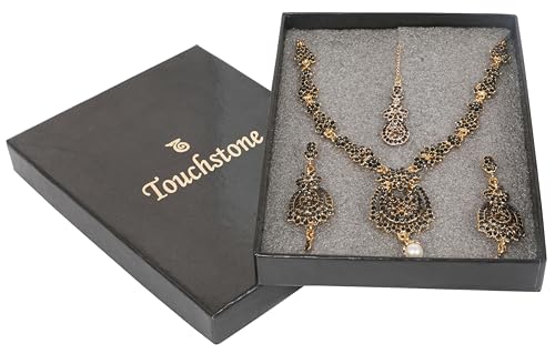 Touchstone Indian jewelry sets for women maang tikka wedding guest gold necklace bollywood jewellery set pageant elegant prom bride accessories western crystal chunky rhinestone necklaces - color: Black in antique gold plating