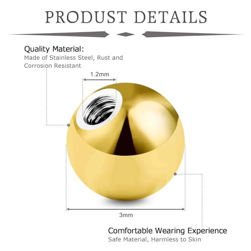 vcmart 16G 3mm Replacement Balls & 14G 5mm Piercing Balls Externally Threaded Nipple Industrial Tongue Belly Nose Lip Ear Piercing Barbell Parts - color: 2 -16G, 3mm balls, gold 20pcs