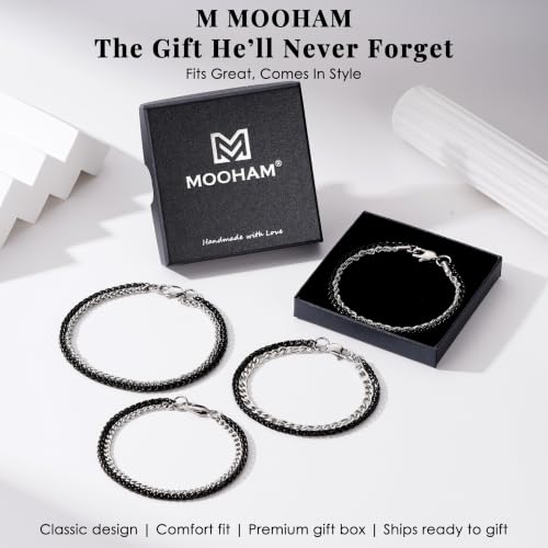 M MOOHAM Mens Bracelet, Black/Silver-Plated Chain Bracelets for Men | Stainless Steel Wheat Rope Figaro Cuban Link Chain Bracelet, Jewelry Gifts for Men, 7.3/8.5 Inch