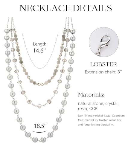 Noessla Layered Beaded Necklaces for Women - 3 Strand Boho Statement Choker Fashion Jewelry Gifts - color: Silver