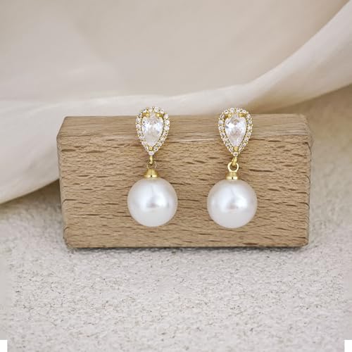 Pearl Earrings for Women Trendy, 14k Gold Plated Freshwater CZ Leaf Pearl Dangle Drop Gold Earrings Lightweight Hypoallergenic Stud Earring Bridesmaid Wedding Gold Jewelry for Women Gifts - style: cz big pearl earrings