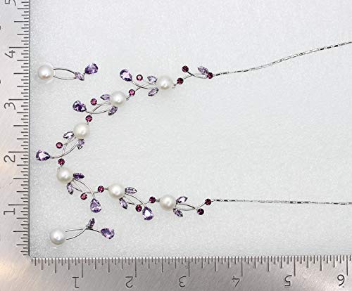 Faship Genuine 10mm Freshwater Pearls Floral Necklace Earrings Set | Premium CZ Crystal, Gorgeous, Sparkling - color: Purple