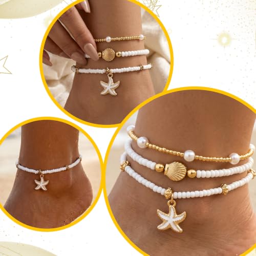 3PCS Waterproof Boho Layered Anklets Bracelets for Women | Gold Beaded Seashell Ankle Bracelets, Adjustable Beaded Anklet, Hawaiian Beach Seashell Starfish Foot Jewelry Gifts