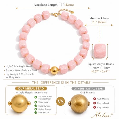 Mchic Colorful Beaded Choker Necklace for Women: Boho Large Square Acrylic Beaded Necklace Stainless Steel Adjustable Surfer Beach Strand Necklaces Summer Handmade Jewelry Gift for Women - color: Pink