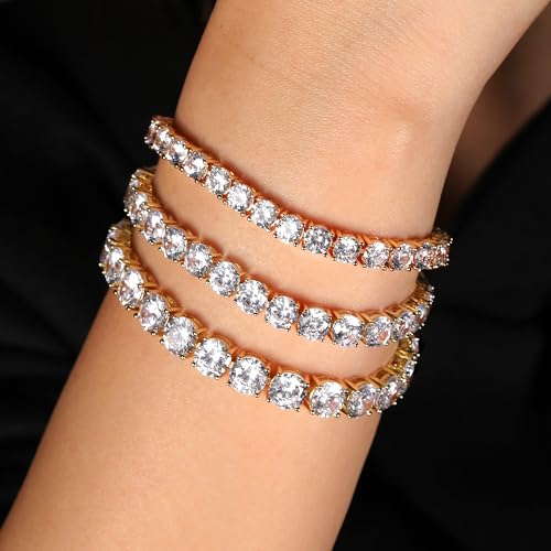 7.0MM Tennis Bracelet for Men Women,18K White/Yellow Gold Plated 7.0mm Round Cubic Zirconia Classic Tennis Bracelet - color: 7MM-Gold Plated, size: 8 inch