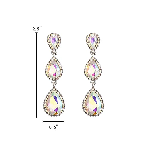 EleQueen Women's Crystal Teardrop Pear Shape 2.5 Inch Long Earrings | Dangle Earrings for Women, TearDrop Crystals Earrings for Bride Bridesmaid, Prom Jewelry for Wedding - color: Iridescent AB Silver-tone