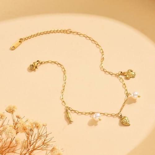 18K Gold Plated Waterproof Summer Beach Ankle Bracelets for Women | Starfish Sea Shell Pearls CZ Diamond Dangle Anklets - style: Conch Pearls-GD