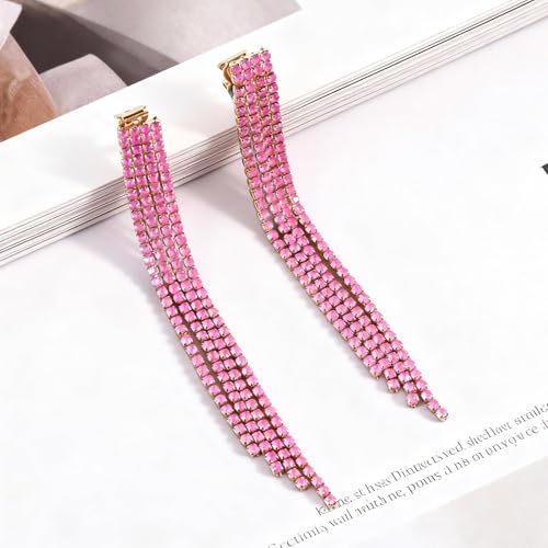 Rhinestone Clip on Earrings for Women Gold/Silver Prom Dresses 2026 Sparkly Chandelier Long Earrings Wedding Guest Jewelry - color: Pink Clip on