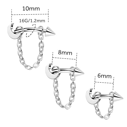 3 Pcs 316L Stainless Steel 16G Tragus Helix Rook Piercing Jewelry with Chain, Cartilage Earrings for Women, Belly Button Ring Vertical Labret Lip Piercing Jewelry - color: Silver, size: Moon