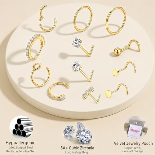 20G Nose Rings Hoops And Studs For Women Men, 12PCS Hypoallergenic Stainless Steel Nose Hoops Dainty Non Tarnish Nose Hoop Set, L Shaped CZ Nose Stud Piercing Jewelry Gold/Sliver - color: 20G-Gold