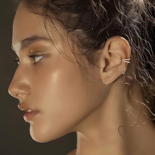 925 Sliver Sterling CZ Ear Cuff Tassels Wrap Clip Earrings for Women 14k Gold Plated No Piercing Cuff Earrings Chain to Daughter Wrap Earrings Tassel Clip On Ear Wedding Birthday Jewelry Gift
