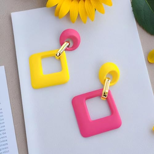 70s 80s Vintage Resin Neon Square Dangle Drop Earrings Simplicity Acrylic Hollow Round Circle Geometry Stud Earrings for Women - style: Rose Red Yellow